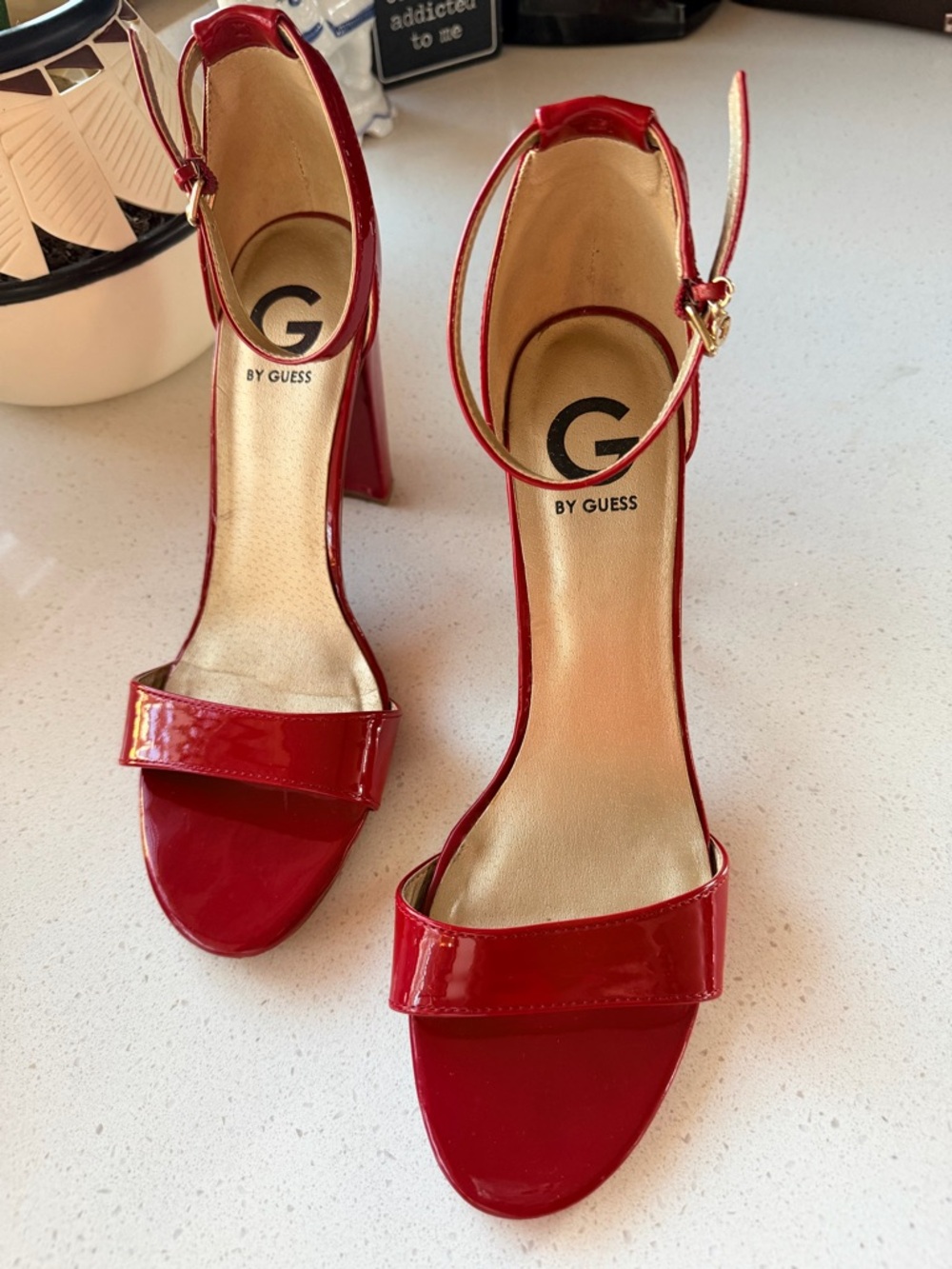 G by Guess Red Patent Ankle-Strap Block Heels